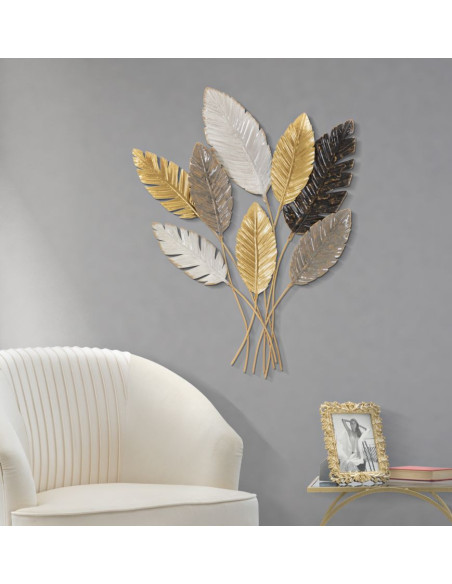 Grande Décoration murale design Feuilles tropicales Métal Doré Blanc cassé Marron Palmy H 93 cm 