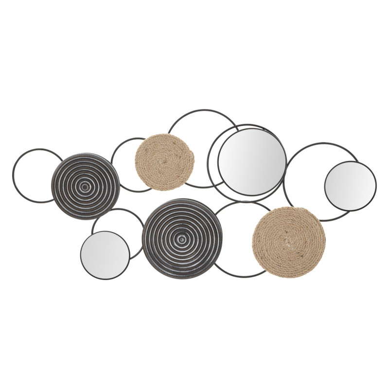 Grande Décoration murale design ethnique chic Métal Noir Rotin Naturel Tressé Miroir Triby 106 cm 