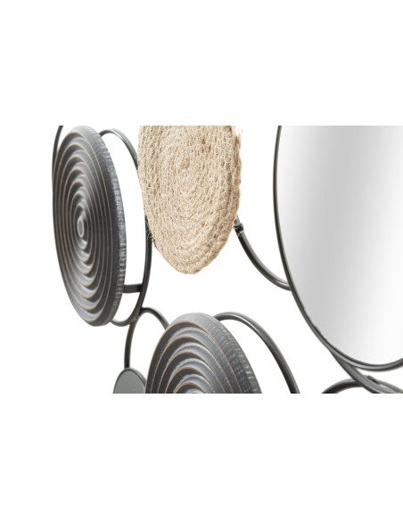 Grande Décoration murale design ethnique chic Métal Noir Rotin Naturel Tressé Miroir Triby 106 cm 