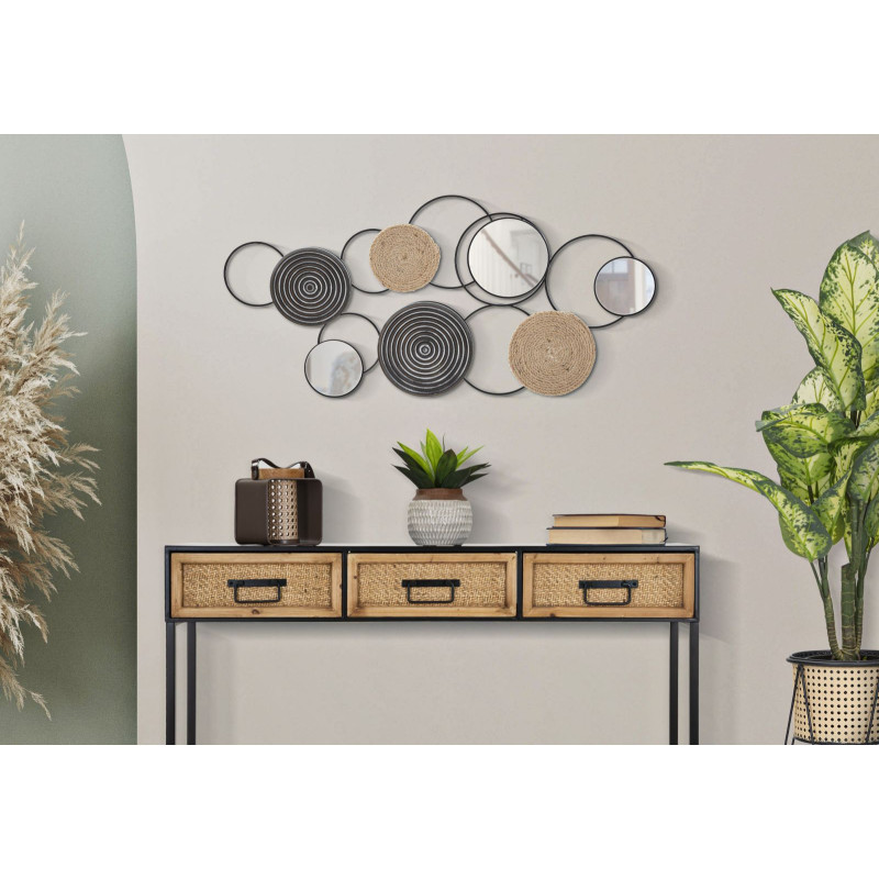 Grande Décoration murale design ethnique chic Métal Noir Rotin Naturel Tressé Miroir Triby 106 cm 