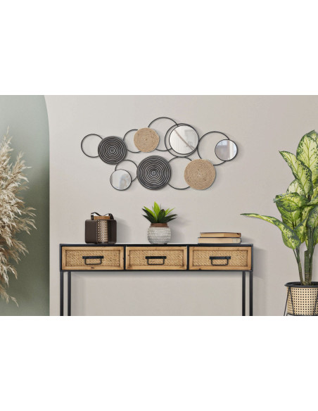 Grande Décoration murale design ethnique chic Métal Noir Rotin Naturel Tressé Miroir Triby 106 cm 