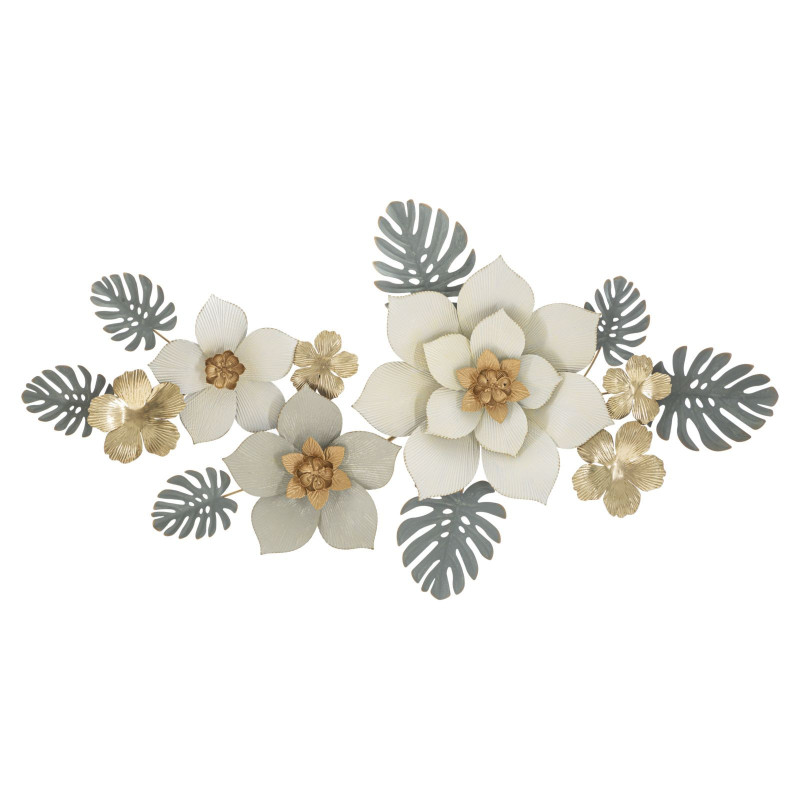 Décoration murale design chic Fleurs Métal Blanc Doré Vert Moty 134 cm 