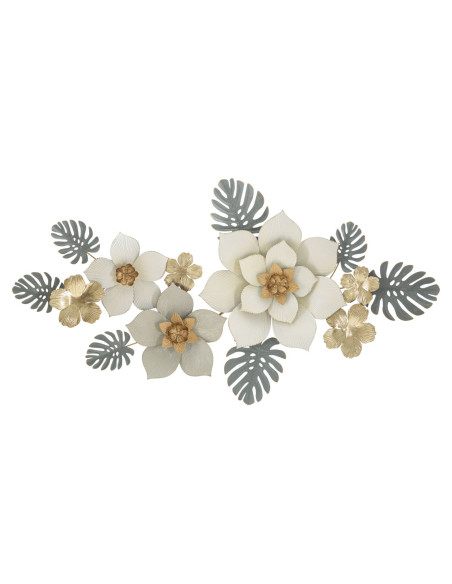 Décoration murale design chic Fleurs Métal Blanc Doré Vert Moty 134 cm 