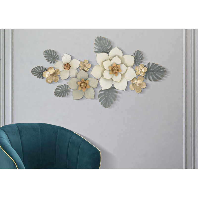 Décoration murale design chic Fleurs Métal Blanc Doré Vert Moty 134 cm 