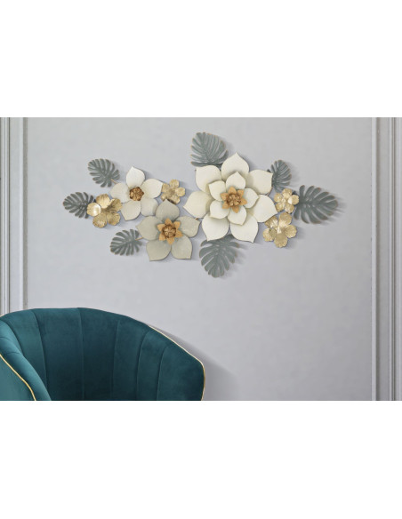 Décoration murale design chic Fleurs Métal Blanc Doré Vert Moty 134 cm 