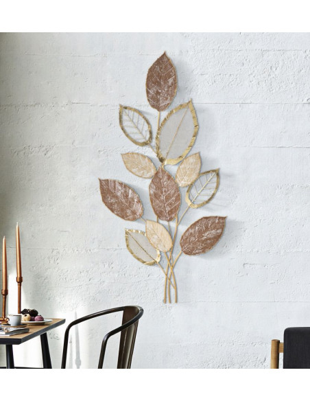 Grande Décoration murale design Branches Feuilles Métal Marron Beige Doré Autumn H 116 cm 