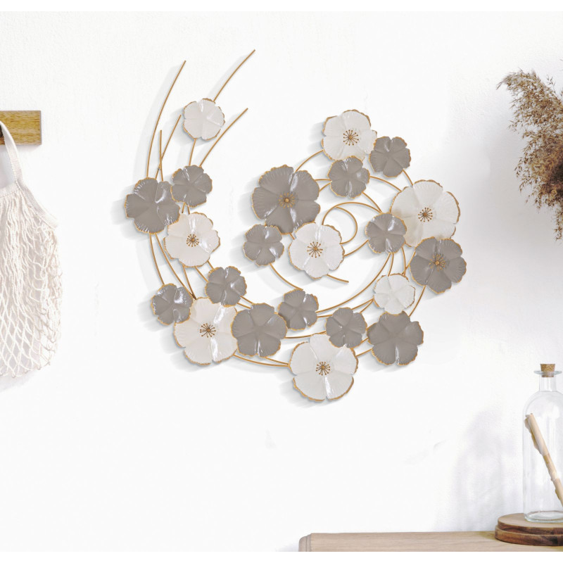 Décoration murale design bohème Fleurs Métal Taupe Blanc Doré Lotly H 67 cm 