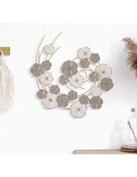Décoration murale design bohème Fleurs Métal Taupe Blanc Doré Lotly H 67 cm 