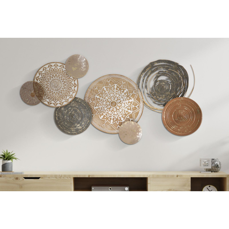 Grande Décoration murale design bohème Mandalas Métal Beige Noir Bois MDF Naturel Blanc Boho 167 cm 