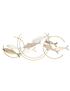 Grande Décoration murale bord de mer Poissons Métal Doré Bois MDF Naturel Blanc Fishy 142 cm 