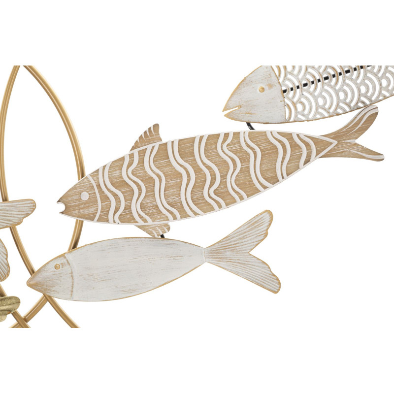Grande Décoration murale bord de mer Poissons Métal Doré Bois MDF Naturel Blanc Fishy 142 cm 