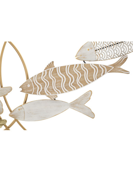 Grande Décoration murale bord de mer Poissons Métal Doré Bois MDF Naturel Blanc Fishy 142 cm 