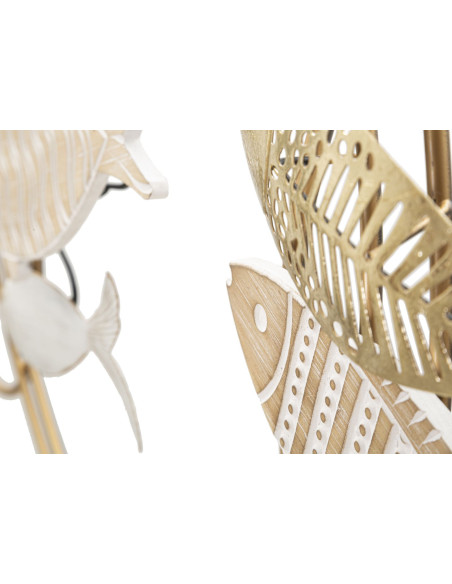 Grande Décoration murale bord de mer Poissons Métal Doré Bois MDF Naturel Blanc Fishy 142 cm 