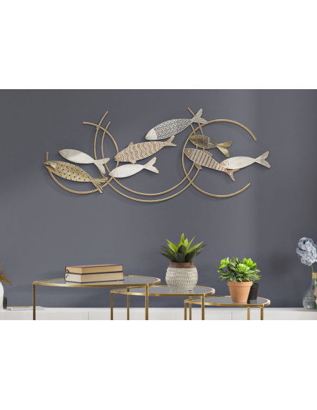 Grande Décoration murale bord de mer Poissons Métal Doré Bois MDF Naturel Blanc Fishy 142 cm 