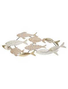 Grande Décoration murale design Poissons Bois MDF Naturel Blanc Métal Doré Noir Fishy 118 cm 