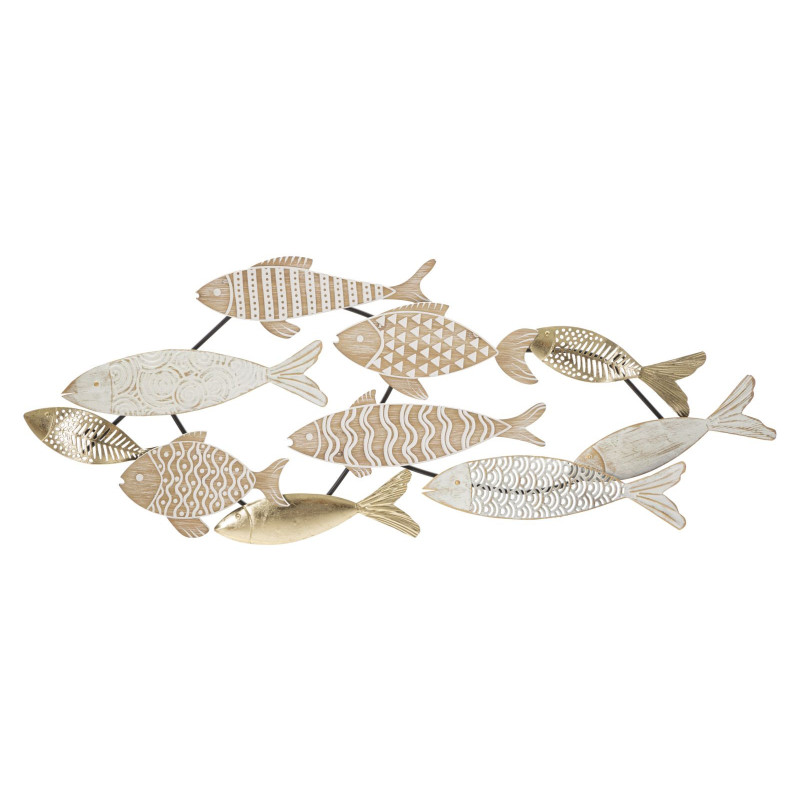 Grande Décoration murale design Poissons Bois MDF Naturel Blanc Métal Doré Noir Fishy 118 cm 