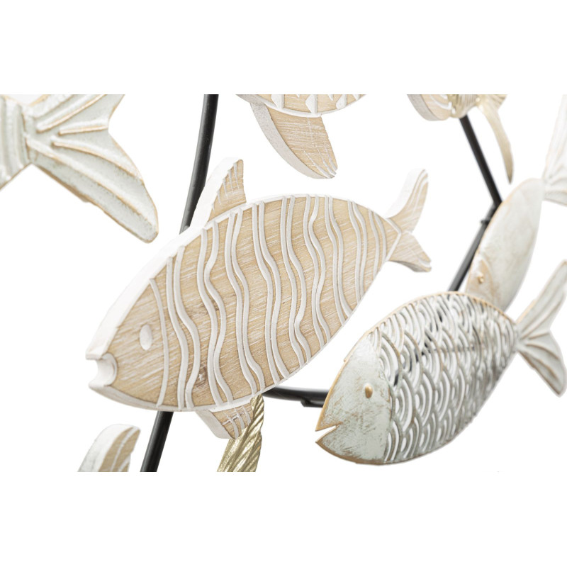 Grande Décoration murale design Poissons Bois MDF Naturel Blanc Métal Doré Noir Fishy 118 cm 