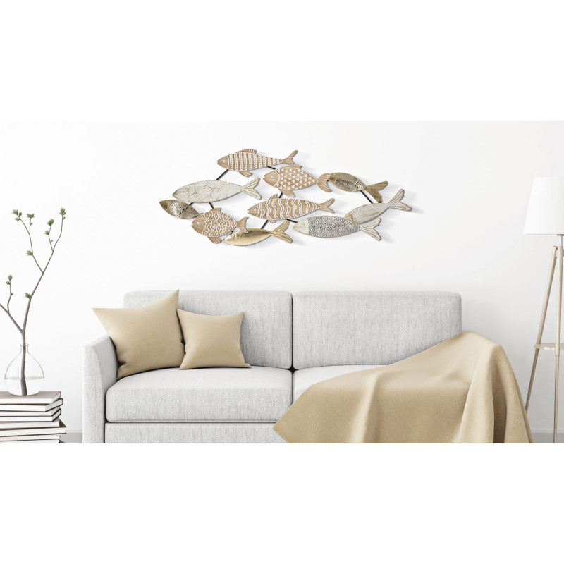 Grande Décoration murale design Poissons Bois MDF Naturel Blanc Métal Doré Noir Fishy 118 cm 