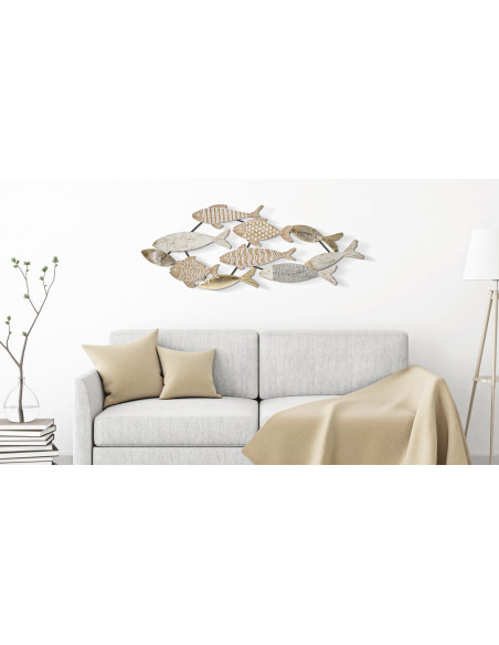 Grande Décoration murale design Poissons Bois MDF Naturel Blanc Métal Doré Noir Fishy 118 cm 