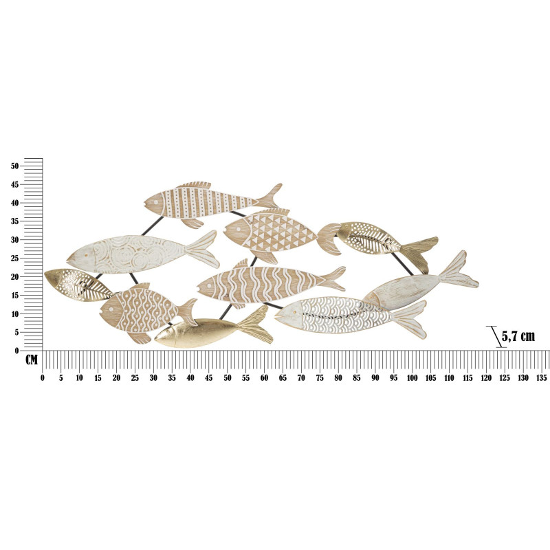 Grande Décoration murale design Poissons Bois MDF Naturel Blanc Métal Doré Noir Fishy 118 cm 