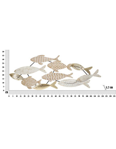 Grande Décoration murale design Poissons Bois MDF Naturel Blanc Métal Doré Noir Fishy 118 cm 