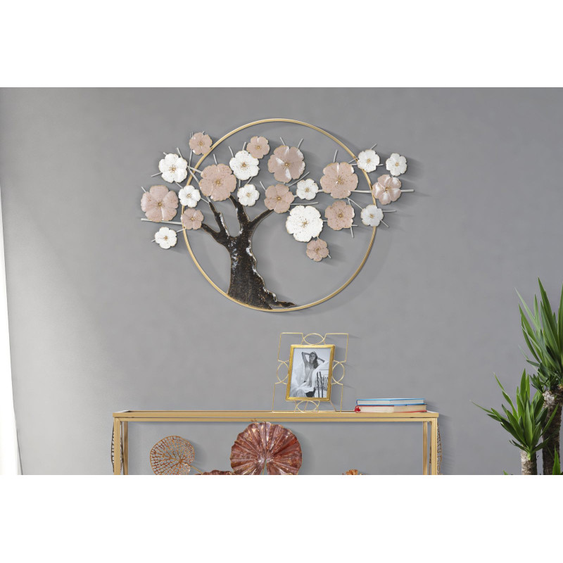 Grande Décoration murale moderne Arbre en fleur 101x72 Métal Rose Blanc crème Marron Tree 