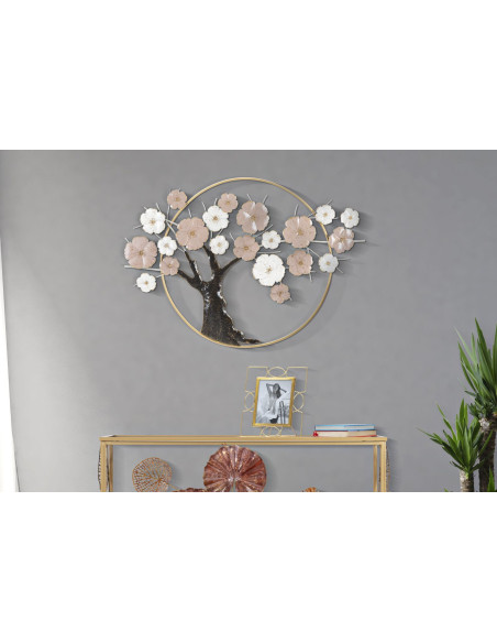 Grande Décoration murale moderne Arbre en fleur 101x72 Métal Rose Blanc crème Marron Tree 