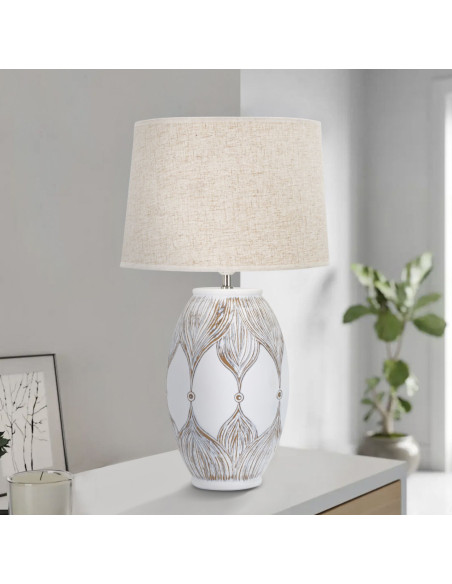 Grande Lampe à poser design art déco Résine Blanc Marron clair Tissu Beige Atene H 67 cm 