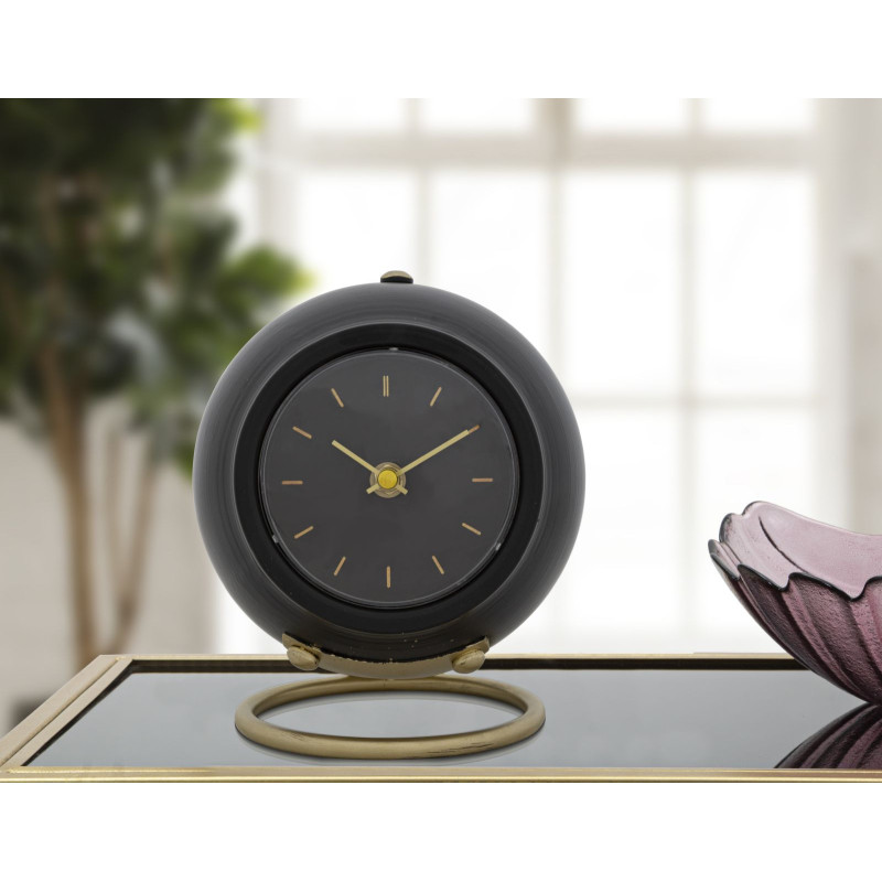 Horloge à poser design rétro Ronde Métal Noir Doré Ball 