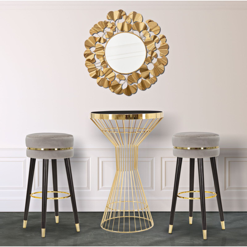 Tabouret de bar design chic Rond Tissu Gris Métal Noir Doré Paris 35 cm Mauro Ferretti - 6