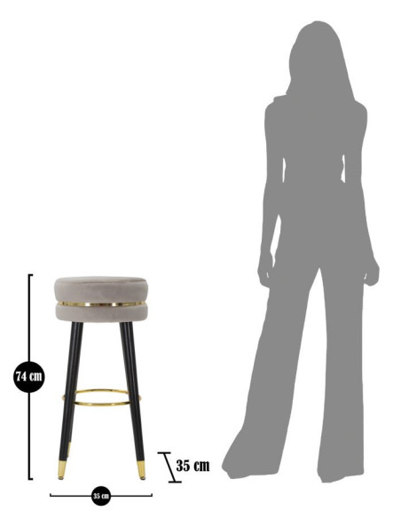 Tabouret de bar design chic Rond Tissu Gris Métal Noir Doré Paris 35 cm Mauro Ferretti - 7