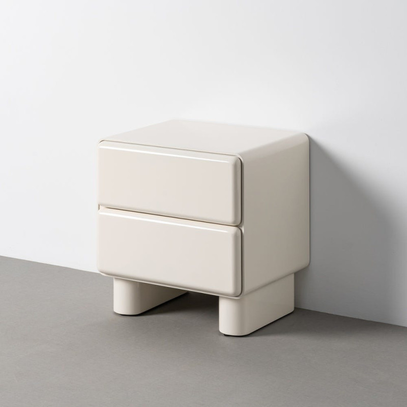 Table de chevet design 2 tiroirs Bois MDF Blanc crème Laqué Doumya 