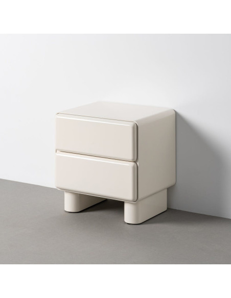 Table de chevet design 2 tiroirs Bois MDF Blanc crème Laqué Doumya 