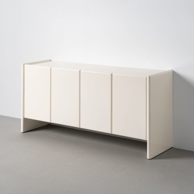 Buffet design Bas 4 portes 163 cm Bois MDF Blanc crème Laqué Marbre Blanc Monéo 