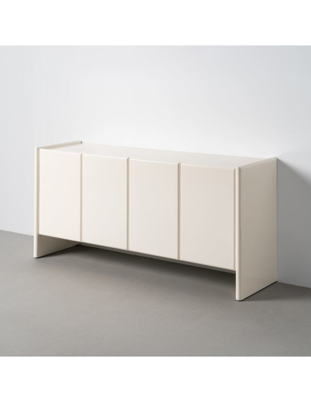 Buffet design Bas 4 portes 163 cm Bois MDF Blanc crème Laqué Marbre Blanc Monéo 