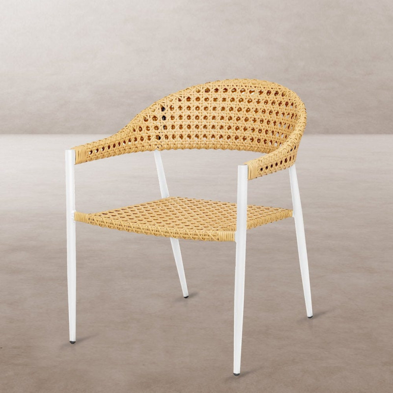 Fauteuil de jardin design Rotin synthétique Naturel Cannage Métal Blanc Niva 