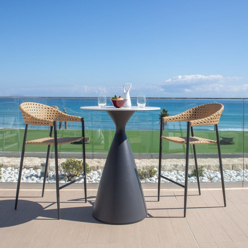 Tabouret de bar extérieur design Rotin synthétique Naturel Cannage Métal Noir graphite Niva 