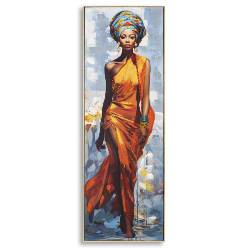 Grande Toile murale peinte Femme africaine Cadre Bois de sapin doré Daphné B 52x152 
