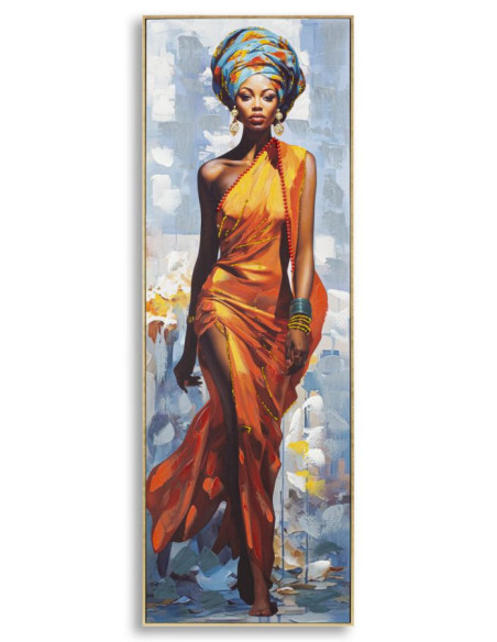 Grande Toile murale peinte Femme africaine Cadre Bois de sapin doré Daphné B 52x152 