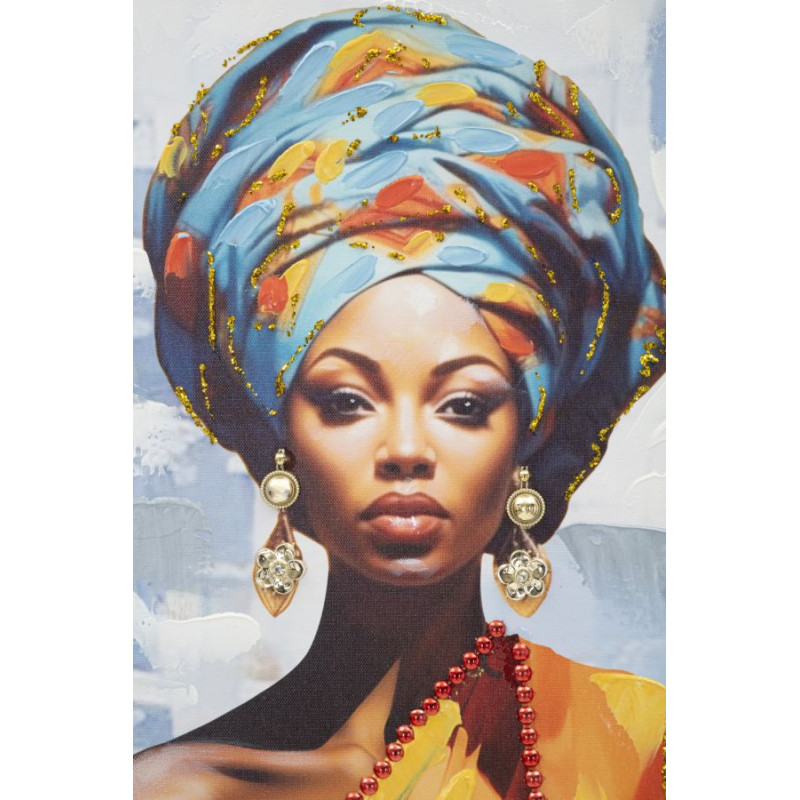 Grande Toile murale peinte Femme africaine Cadre Bois de sapin doré Daphné B 52x152 
