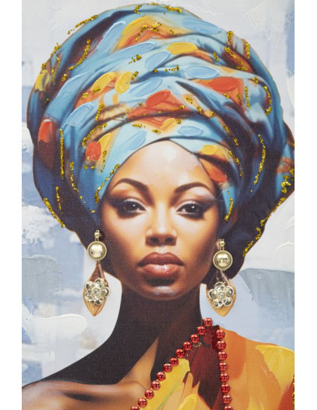 Grande Toile murale peinte Femme africaine Cadre Bois de sapin doré Daphné B 52x152 