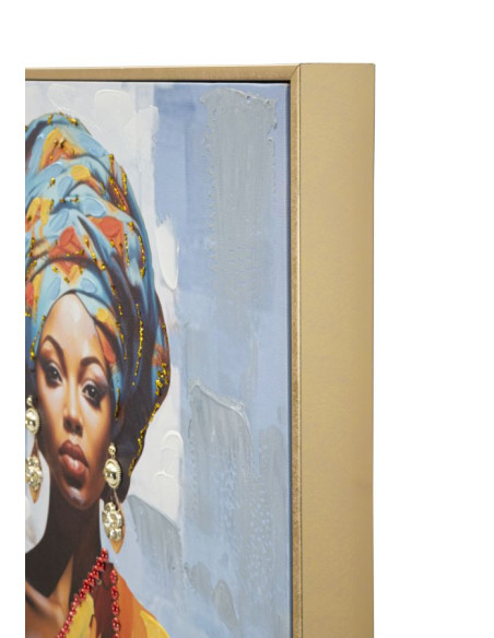 Grande Toile murale peinte Femme africaine Cadre Bois de sapin doré Daphné B 52x152 