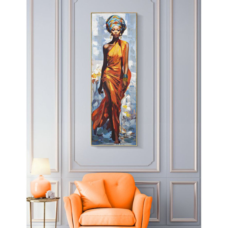 Grande Toile murale peinte Femme africaine Cadre Bois de sapin doré Daphné B 52x152 