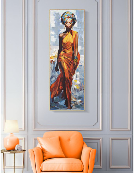 Grande Toile murale peinte Femme africaine Cadre Bois de sapin doré Daphné B 52x152 