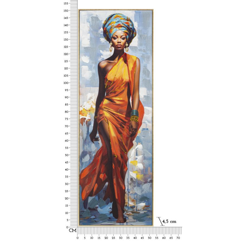 Grande Toile murale peinte Femme africaine Cadre Bois de sapin doré Daphné B 52x152 