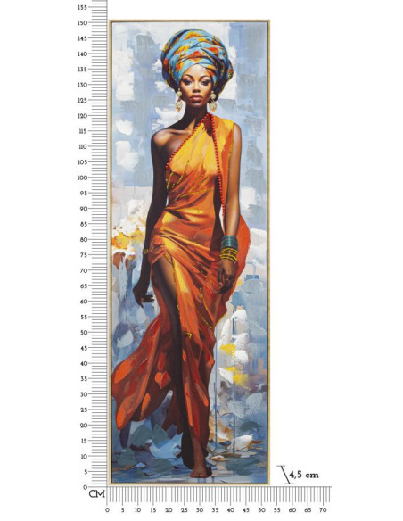 Grande Toile murale peinte Femme africaine Cadre Bois de sapin doré Daphné B 52x152 
