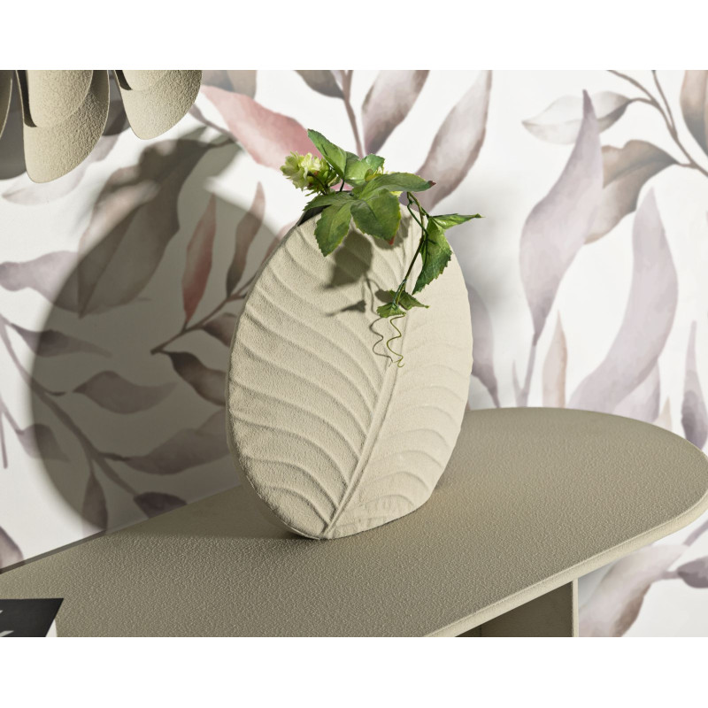 Vase design wabi-sabi Rond Métal Blanc crème Motif feuille Dune H 32 cm 