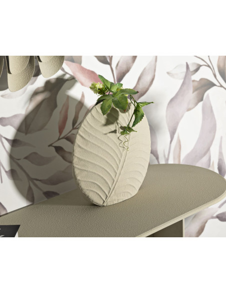 Vase design wabi-sabi Rond Métal Blanc crème Motif feuille Dune H 32 cm 