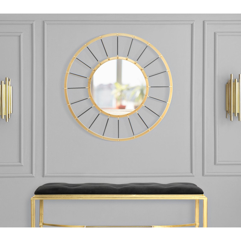 Grand Miroir mural design chic Rond 81x81 Métal Doré Bois MDF Glamdark 