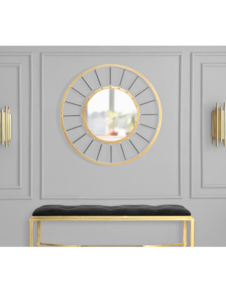 Grand Miroir mural design chic Rond 81x81 Métal Doré Bois MDF Glamdark 